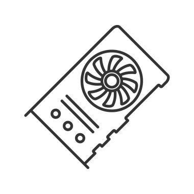 Araştırma iş doğrusal simgesi için grafik kartı. İnce hat illüstrasyon. Ekran kartları bağlı. Cryptocurrency gpu araştırma çiftliği. Kontur sembolü. Çizim vektör izole anahat