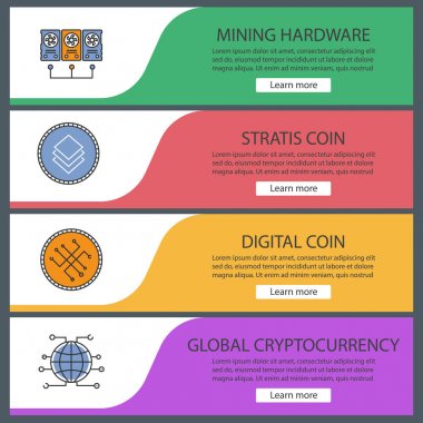 Cryptocurrency web afiş şablonları ayarlayın. Minig donanım, dijital sikke, stratis, küresel cryptocurrency. Web sitesi renk menü öğeleri. Vektör üstbilgileri kavramları tasarım