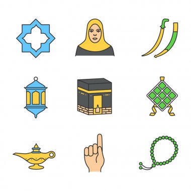İslam kültürü doğrusal Icons set. İslam yıldız, Müslüman kadın, kıvrık kılıç, fener, Kabe, ketupat, Kandil, Tanrı jest, tesbih. İnce çizgi seviyelendirme simgelerini renk halkaları. Vektör çizimler