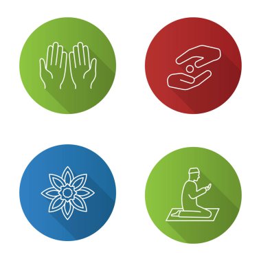 İslam kültürü düz tasarım uzun gölge glif simgesi. Dua eller ve Müslüman, İslam yıldız, Zekat. Vektör siluet çizimi