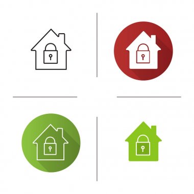 Kilitli ev simgesi. Düz tasarım, doğrusal ve glif renk stilleri. Ev koruma. İzole vektör çizimler