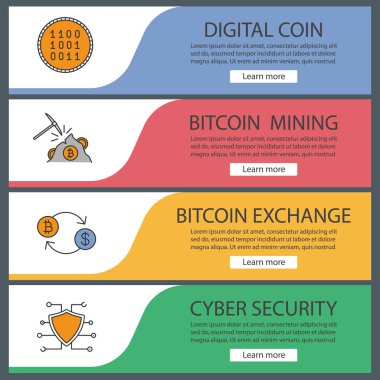 Cryptocurrency web afiş şablonları ayarlayın. Bitcoin Satım, dijital sikke, madencilik, siber güvenlik. Web sitesi renk menü öğeleri. Vektör üstbilgileri kavramları tasarım
