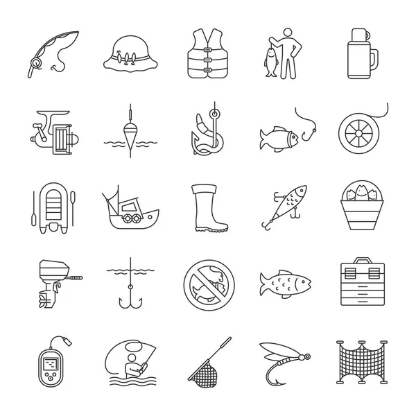 Juego Iconos Lineales Pesca Equipo Pesca Símbolos Contorno Línea Delgada — Vector de stock