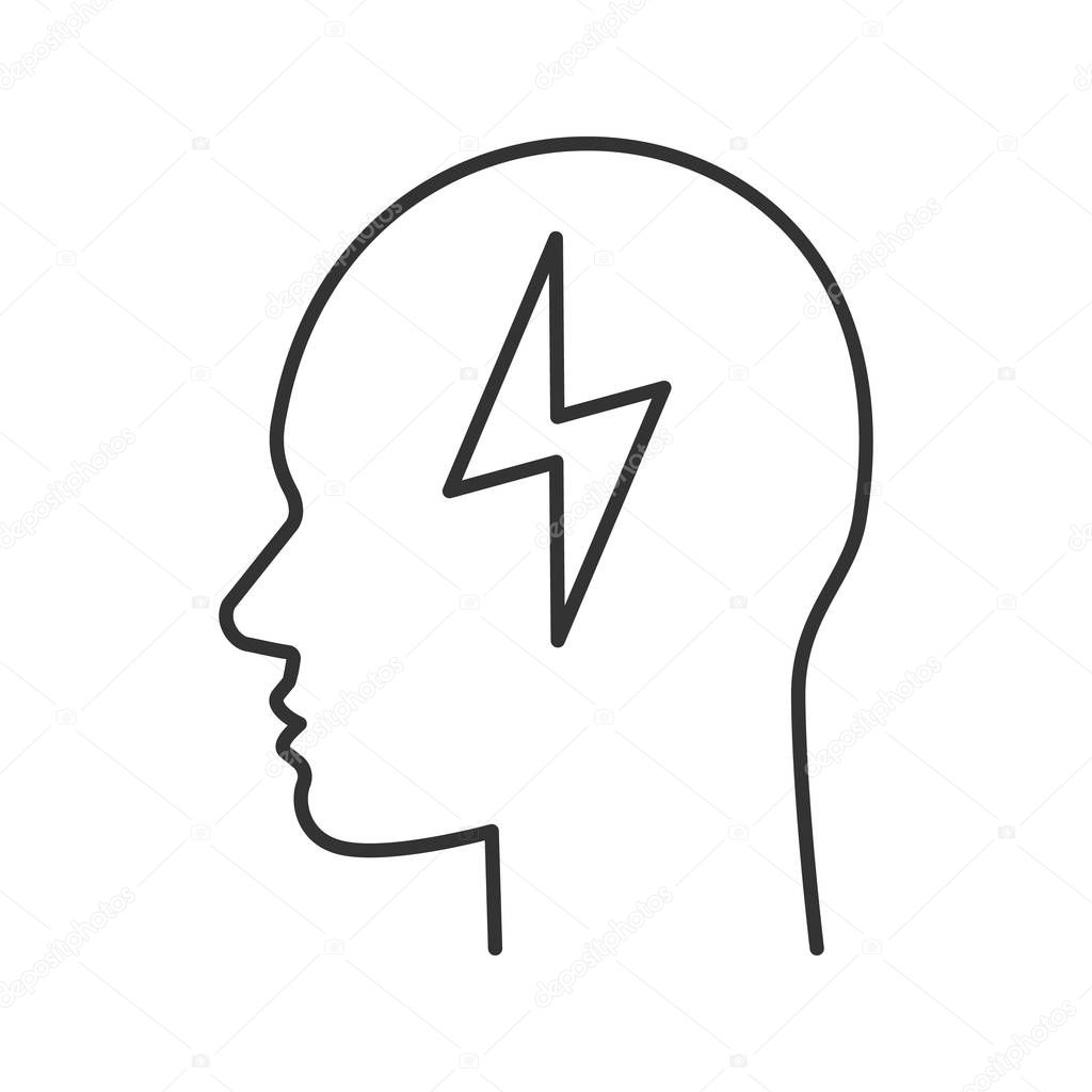 Human head with energy symbol linear icon. Brain charging. Thin line illustration. Artificial intelligence. Contour symbol. Vector isolated outline drawing