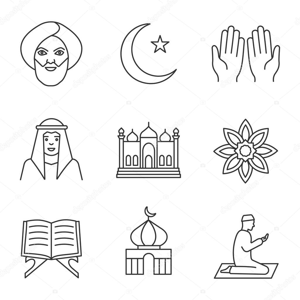 Islamic culture linear icons set. Muslim man, ramadan moon, islamic prayer, mosque, quran book, muslim star. Thin line contour symbols. Isolated vector outline illustrations