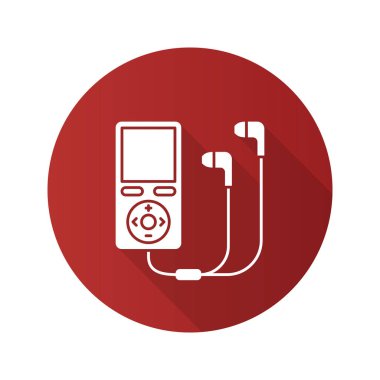 Mp3 player düz tasarım uzun gölge glif simgesi. Vektör siluet çizimi