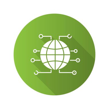 Küresel cryptocurrency düz tasarım uzun gölge glif simgesi. World wide web. Cryptocurrency. Küre. Vektör siluet çizimi