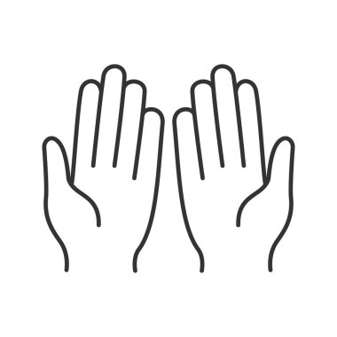 Müslüman dua doğrusal simgesi eller. İnce hat illüstrasyon. Avuç içi. Allah için soruyorum. Kontur sembolü. Çizim vektör izole anahat
