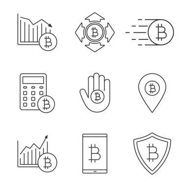 Bitcoin doğrusal Icons set. Cryptocurrency. İnce çizgi kontur sembolü. Harcama, yükselen ve düşen, Bitcoin güvenli ödeme, hesaplamalar, Atm konumu, dijital cüzdan. İzole vektör anahat çizim
