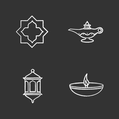 İslam kültürü tebeşir Icons set. Müslüman yıldız, fener, kandil. İzole vektör kara tahta çizimler