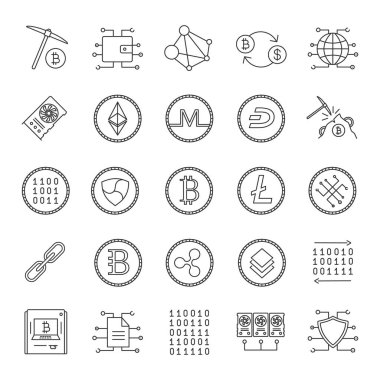 Cryptocurrency doğrusal Icons set. Araştırma iş. İnce çizgi kontur sembolleri. E-para. İzole vektör anahat çizimler