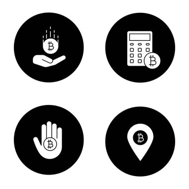Bitcoin glif simgeler kümesi. Cryptocurrency. Bitcoin ödemeleri, Atm konumu, hesaplamalar. Vektör beyaz siyah daireler resimlerde siluetleri