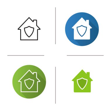 Muhafızları simgesi. Düz tasarım, doğrusal ve glif renk stilleri. House ile kalkan içinde. Özel mülkiyet koruma altında. İzole vektör çizimler