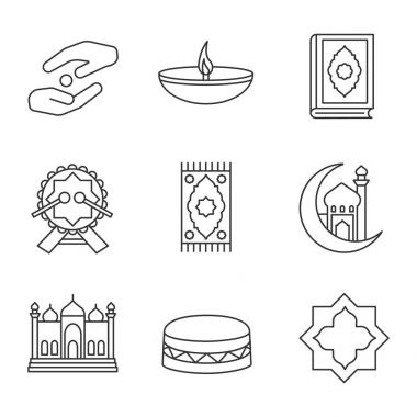 İslam kültürü doğrusal Icons set. Zekat, dua mat, Camii ve hilal ay, İslam yıldız kandil, Kur'an-ı Kerim kitap, daf. İnce çizgi kontur sembolleri. İzole vektör anahat çizimler