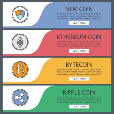Cryptocurrency web afiş şablonları ayarlayın. Bytecoin, dalgalanma sikke, ethereum, Nem. Web sitesi renk menü öğeleri. Vektör üstbilgileri kavramları tasarım