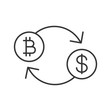 Bitcoin Satım doğrusal simgesi. Online Bankacılık. İnce hat illüstrasyon. Geri ödeme cryptocurrency. Kontur sembolü. Çizim vektör izole anahat