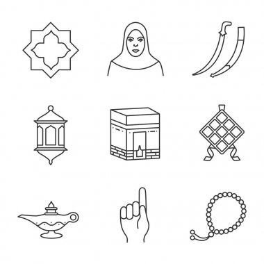 İslam kültürü doğrusal Icons set. İslam yıldız, Müslüman kadın, kıvrık kılıç, fener, Kabe, ketupat, Kandil, Tanrı jest, tesbih. İnce çizgi kontur sembolleri. İzole vektör anahat çizimler