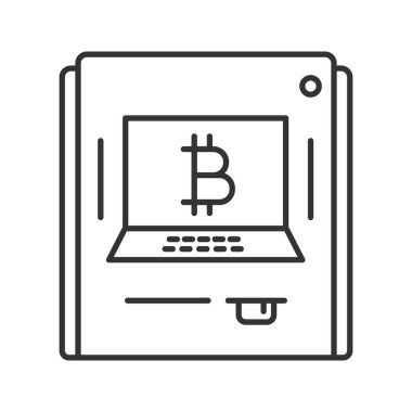 ATM bitcoin işareti doğrusal simgesi ile. İnce hat illüstrasyon. Cryptocurrency banka para makine. Kontur sembolü. Çizim vektör izole anahat