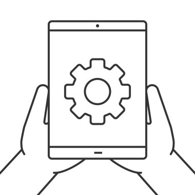Tablet bilgisayar doğrusal simgesi holding eller. Cihaz ayarlarýný deðiþtirin. İnce hat illüstrasyon. Dişli olan tablet bilgisayar. Kontur sembolü. Çizim vektör izole anahat