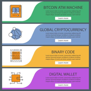 Cryptocurrency web afiş şablonları ayarlayın. İkili kod, dijital cüzdan, bitcoin Atm makine, genel ağ. Araştırma iş. Web sitesi renk menü öğeleri. Vektör üstbilgileri kavramları tasarım