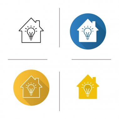 Ev elektrifikasyon simgesi. Düz tasarım, doğrusal ve glif renk stilleri. Ampul içinde olan ev. İzole vektör çizimler