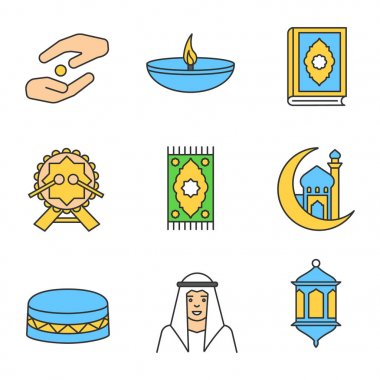 İslam kültürü renk simgeler kümesi. Zekat, Kandil, Kur'an-ı Kerim kitap, daf, dua eden mat, Camii ve crescent moon, Müslüman erkek, fener. İzole vektör çizimler