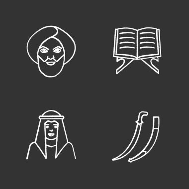İslam kültürü tebeşir Icons set. Müslüman erkeklerin geleneksel giysiler, Kur'an-ı Kerim kitap, kıvrık kılıç. İzole vektör kara tahta çizimler