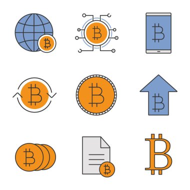 Bitcoin renk simgeler kümesi. Cryptocurrency. Küresel bitcoin, yükselen, exchange, belge, paralar, smartphone. İzole vektör çizimler