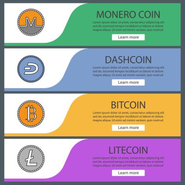 Cryptocurrency web afiş şablonları ayarlayın. Monero, dashcoin, bitcoin, litecoin. Web sitesi renk menü öğeleri. Vektör üstbilgileri kavramları tasarım