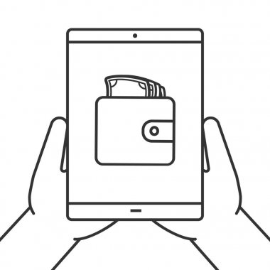 Tablet bilgisayar doğrusal simgesi holding eller. Internet bankacılığı. İnce hat illüstrasyon. M-cüzdan ve para olan tablet bilgisayar. Kontur sembolü. Çizim vektör izole anahat