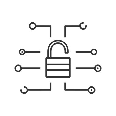 Siber Güvenlik Doğrusal göstergesi. İnce hat illüstrasyon. Parola. Açık asma kilit. Kontur sembolü. Çizim vektör izole anahat