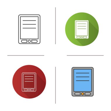 Elektronik kitap simgesi. Tasarım, doğrusal düz ve stilleri renk. İzole vektör çizimler