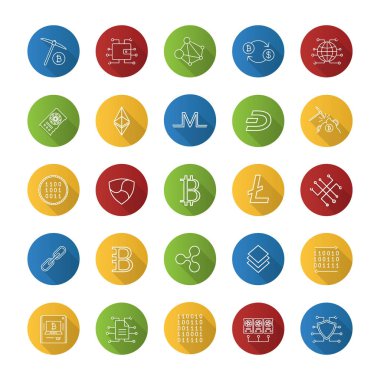 Cryptocurrency düz doğrusal uzun gölge simgeler kümesi. Araştırma iş. E-para. Vektör anahat çizim