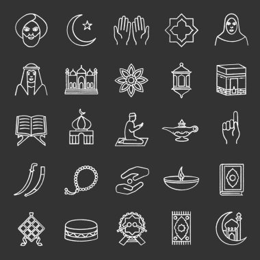 İslam kültürü tebeşir Icons set. Müslüman öznitelikleri. Din sembolizm. İzole vektör kara tahta çizimler