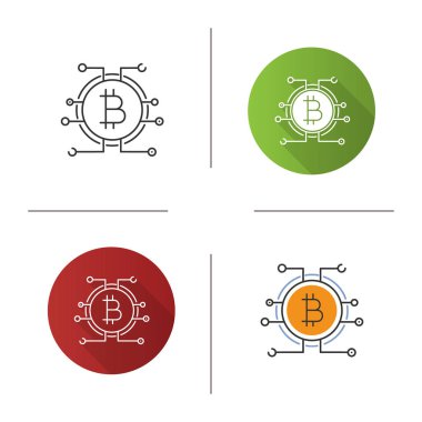 Bitcoin simgesi. Tasarım, doğrusal düz ve stilleri renk. Online Bankacılık. Bitcoin ödeme. İzole vektör çizimler