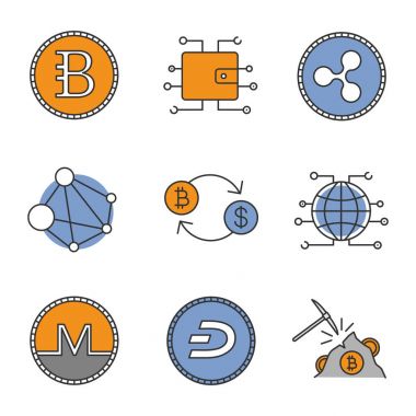 Cryptocurrency renk simgeler kümesi. Bytecoin, dijital cüzdan, dalgalanma, blockchain, bitcoin Satım, küresel cryptocurrency, monero, dashcoin, madencilik donanım. İzole vektör çizimler