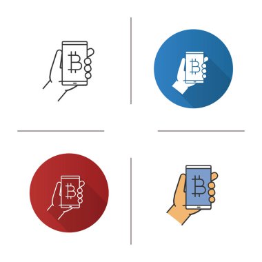 Bitcoin dijital cüzdan simgesi. Tasarım, doğrusal düz ve stilleri renk. Cryptocurrency. Bitcoin işareti ile Smartphone tutan el. İzole vektör çizimler