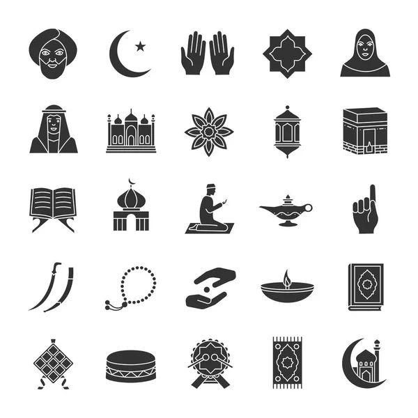 Icônes Glyphe Culture Islamique Ensemble Symboles Silhouette Les Attributs Musulmans — Image vectorielle