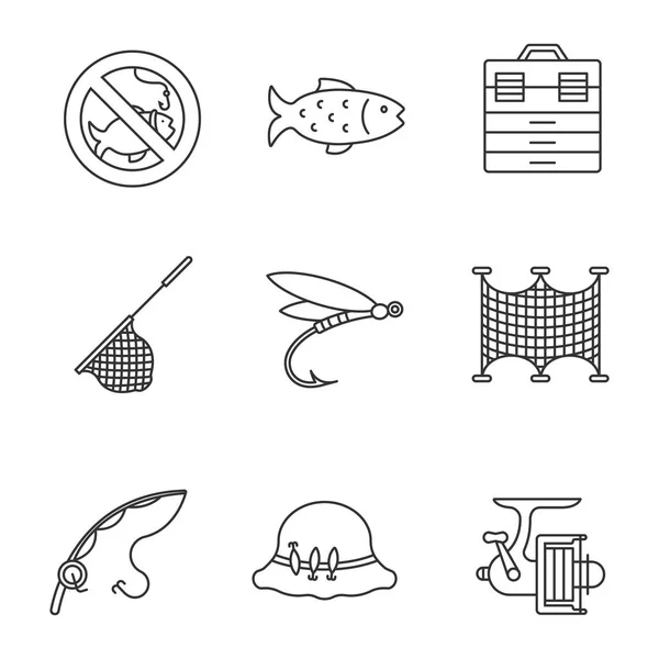 Juego Iconos Lineales Pesca Hay Letrero Pesca Caja Aparejos Redes — Vector de stock