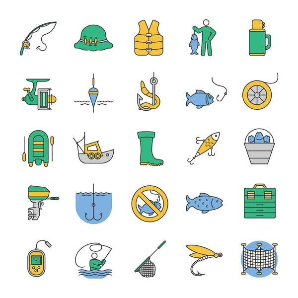 Conjunto Iconos Color Pesca Equipo Pesca Pescado Cebo Gancho Aparejo — Vector de stock