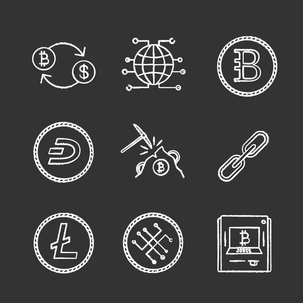 Cryptocurrency Chalk Icons Set Bitcoin Exchange Global Cryptocurrency Bytecoin Dashcoin — Stock Vector