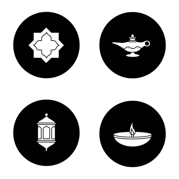 Islamitische Cultuur Glyph Iconen Set Moslim Ster Lantaarn Olielampen Vector — Stockvector