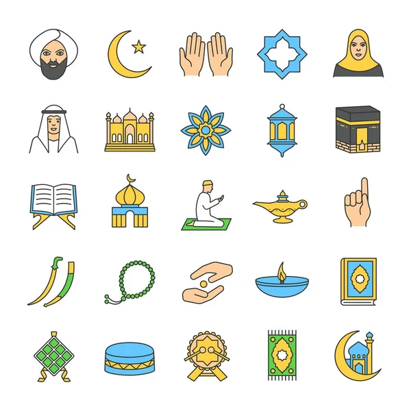 Ισλαμικός Πολιτισμός Χρώμα Σετ Εικονιδίων Μουσουλμανική Χαρακτηριστικά Συμβολισμός Θρησκεία Απομονωμένη — Διανυσματικό Αρχείο