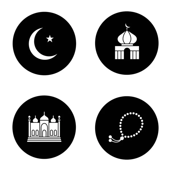 Conjunto Iconos Glifo Cultura Islámica Luna Creciente Estrella Mezquitas Misbaha — Vector de stock