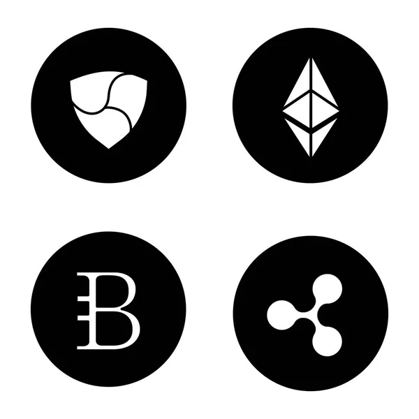 Cryptocurrency Glyph Icons Set Bytecoin Ripple Coin Ethereum Nem Mining — Stock Vector