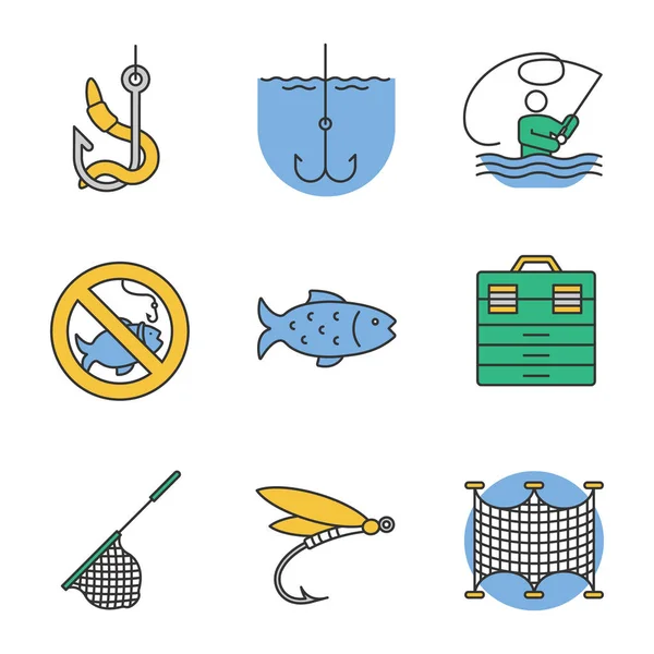 Conjunto Iconos Color Pesca Hay Letrero Pesca Caja Aparejos Redes — Vector de stock