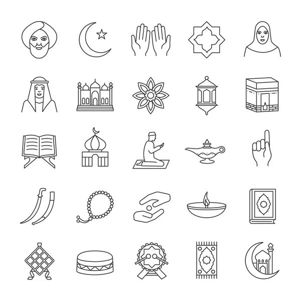 Islamische Kultur Lineare Symbole Gesetzt Kontursymbole Für Dünne Linien Muslimische — Stockvektor