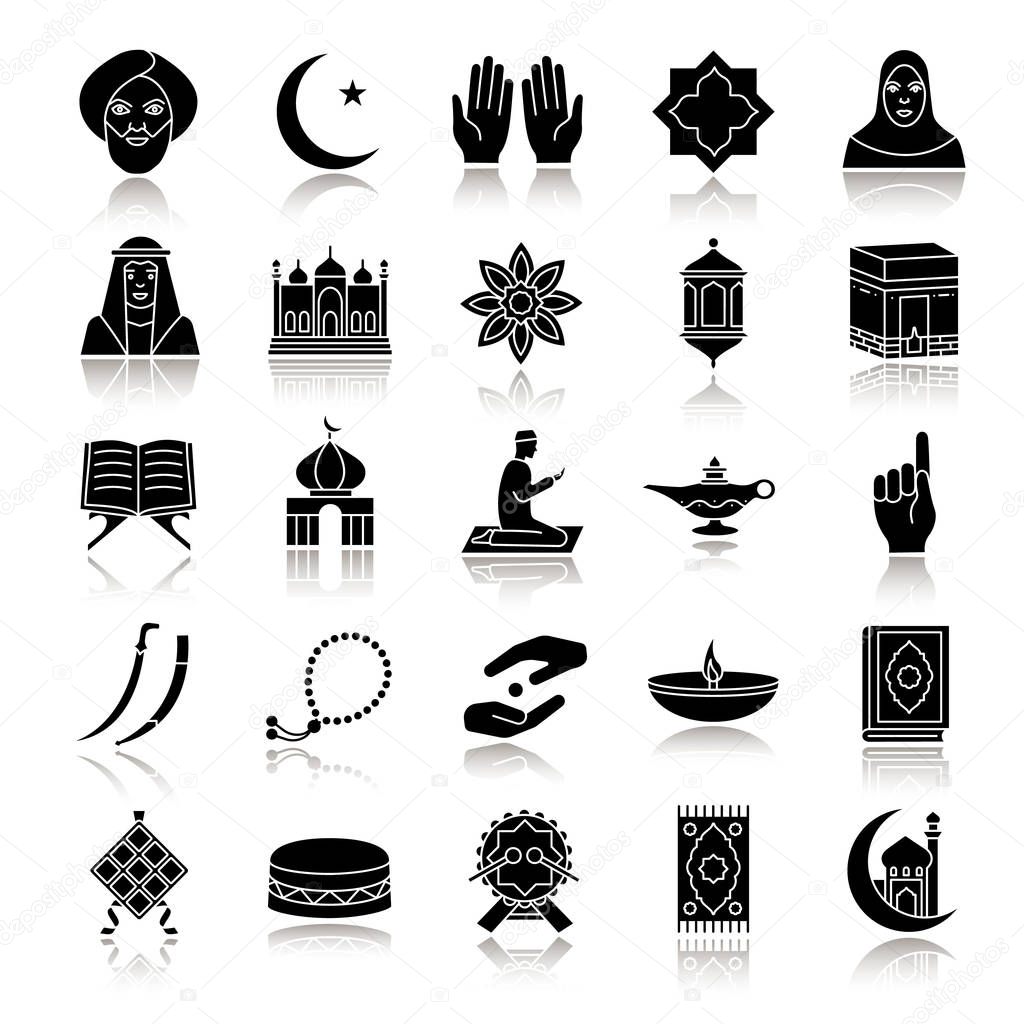 Islamic culture drop shadow black glyph icons set. Muslim attributes. Religion symbolism. Isolated vector illustrations