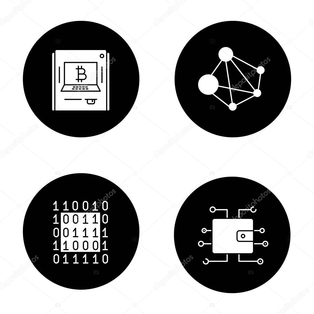 Cryptocurrency glyph icons set. Binary code, digital wallet, bitcoin ATM machine, global network. Mining business. Vector white silhouettes illustrations in black circles. Online banking