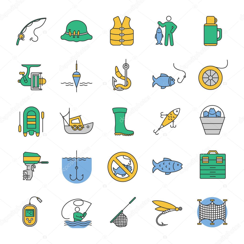 Fishing color icons set. Angling equipment. Fish, bait, hook, tackle, boat, rod, fisherman, thermos, echo sounder, uniform. Isolated vector illustrations